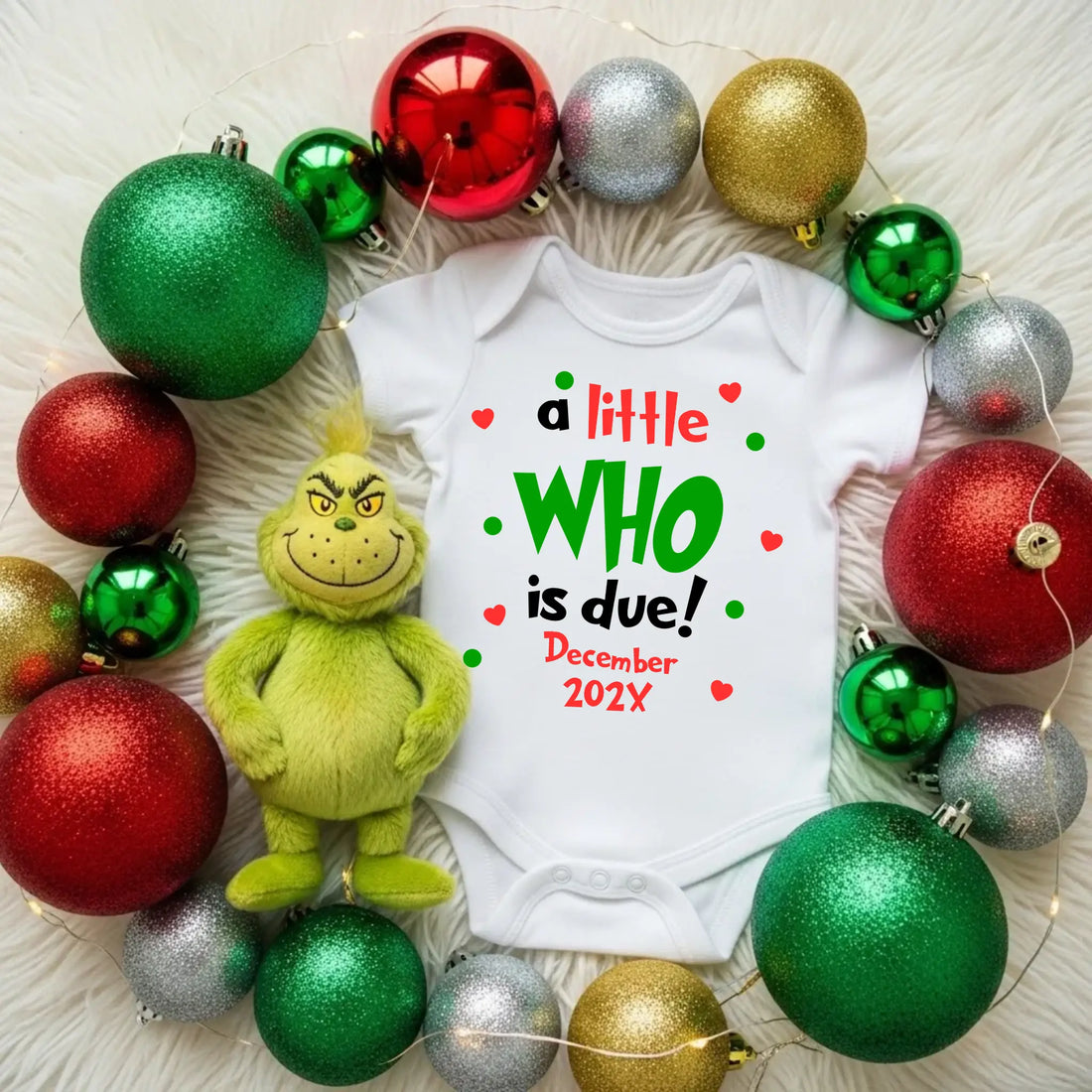A Little Who is Due, The Grinch Inspired, Christmas Pregnancy Announcement Onesie, Optional Gift Box, DTF Transfer Print - TrendyCustomApparel™