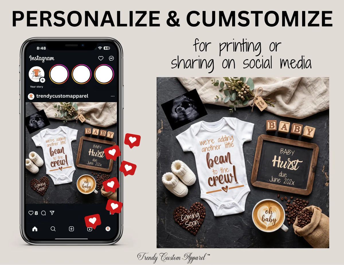 Adding to the Crew – Coffee Bean Pregnancy Announcement | Fully Editable Digital Canva Template TrendyCustomApparel™