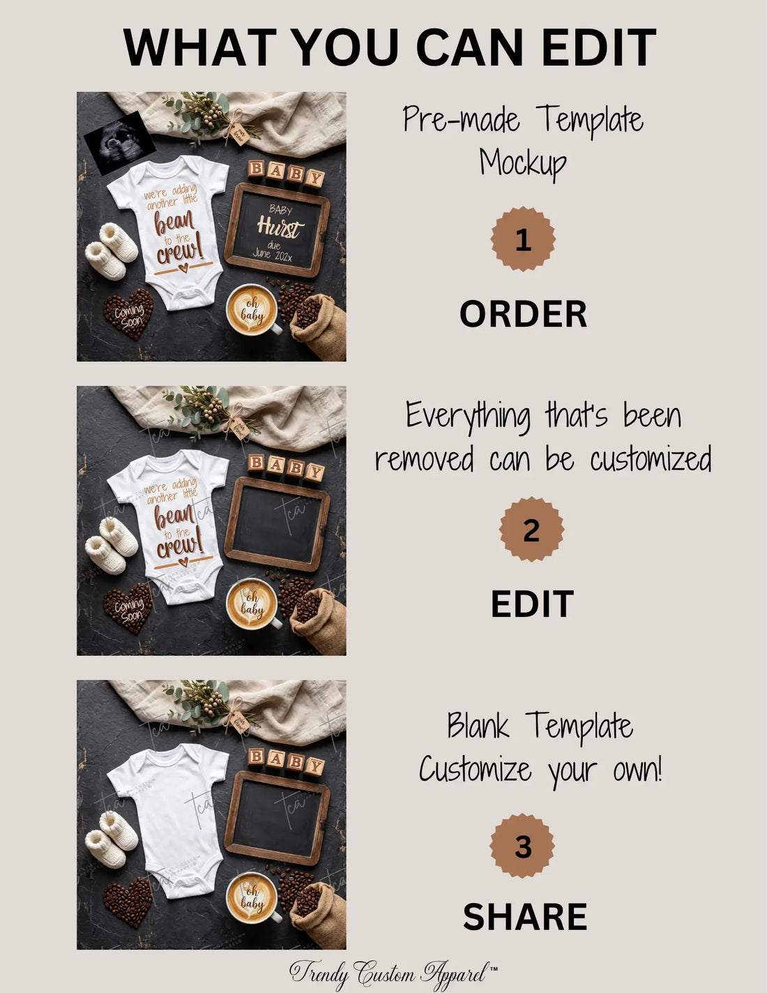 Adding to the Crew – Coffee Bean Pregnancy Announcement | Fully Editable Digital Canva Template TrendyCustomApparel™