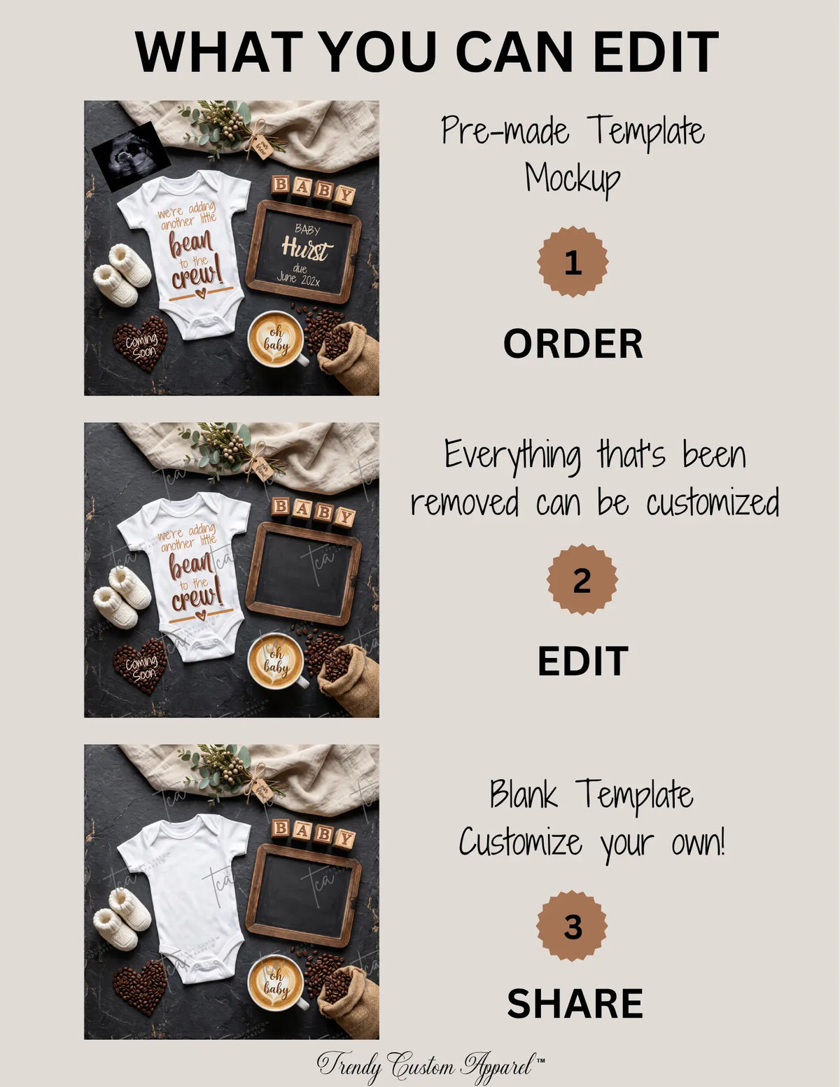 Adding to the Crew – Coffee Bean Pregnancy Announcement | Fully Editable Digital Canva Template TrendyCustomApparel™