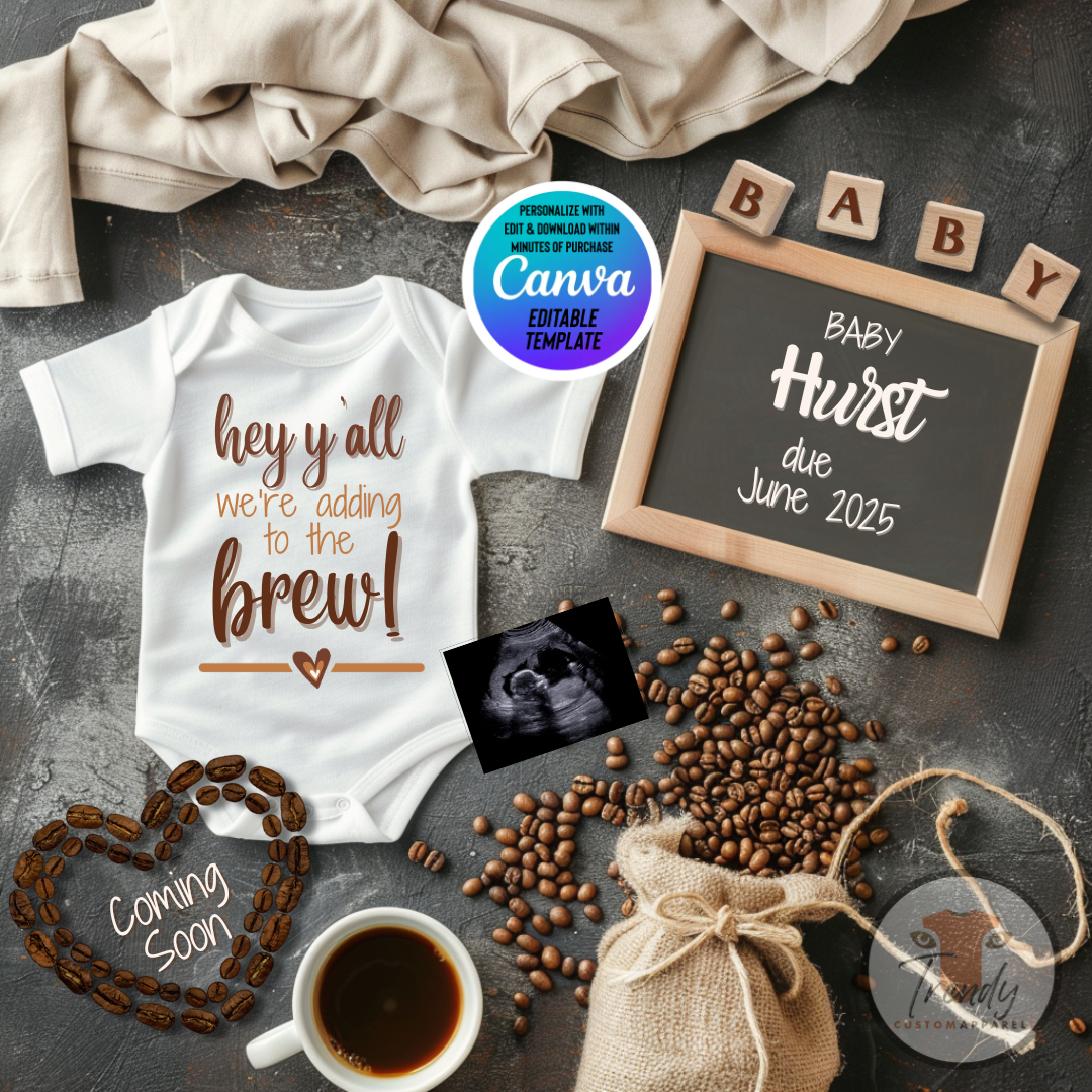 Digital Pregnancy Announcement, Adding to the Brew, Customizable Coffee Beans Themed, Personalized Editable Template