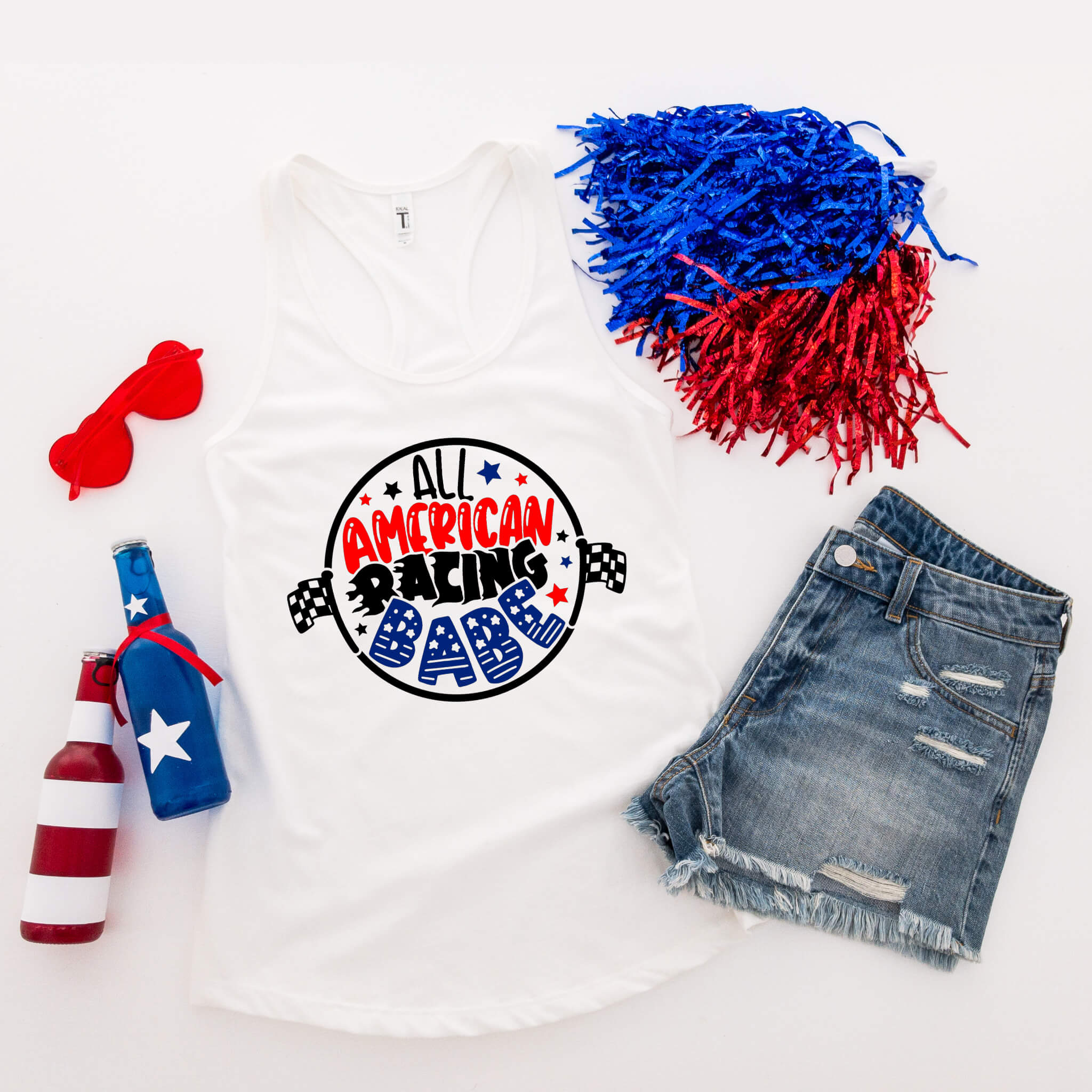 Camiseta del 4 de julio, All American Racing Babe, tanque azul blanco rojo, camiseta patriótica, camiseta sin mangas para mujer, ropa personalizada, camiseta del Día de la Independencia, tanque del Día de los Caídos