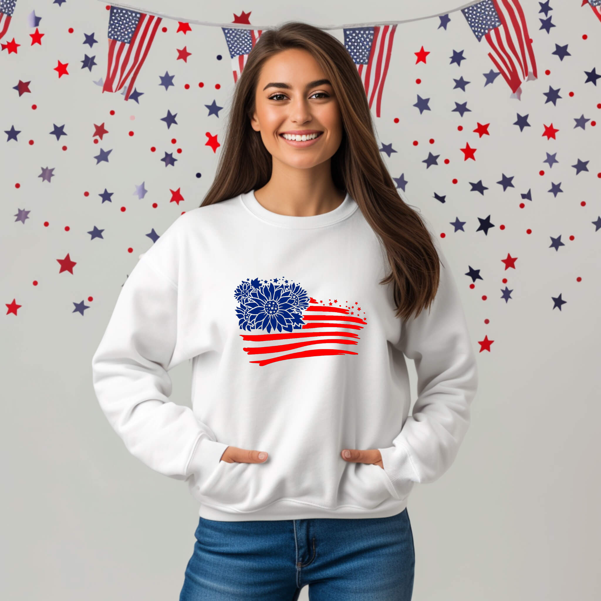 American Flag with Sunflowers Women's Graphic Print T-Shirt / Sweatshirt