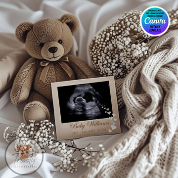 Digital Pregnancy Announcement, Teddy Bear Neutral Minimalist , Customizable Cozy Baby Reveal, Personalized Canva Editable Template