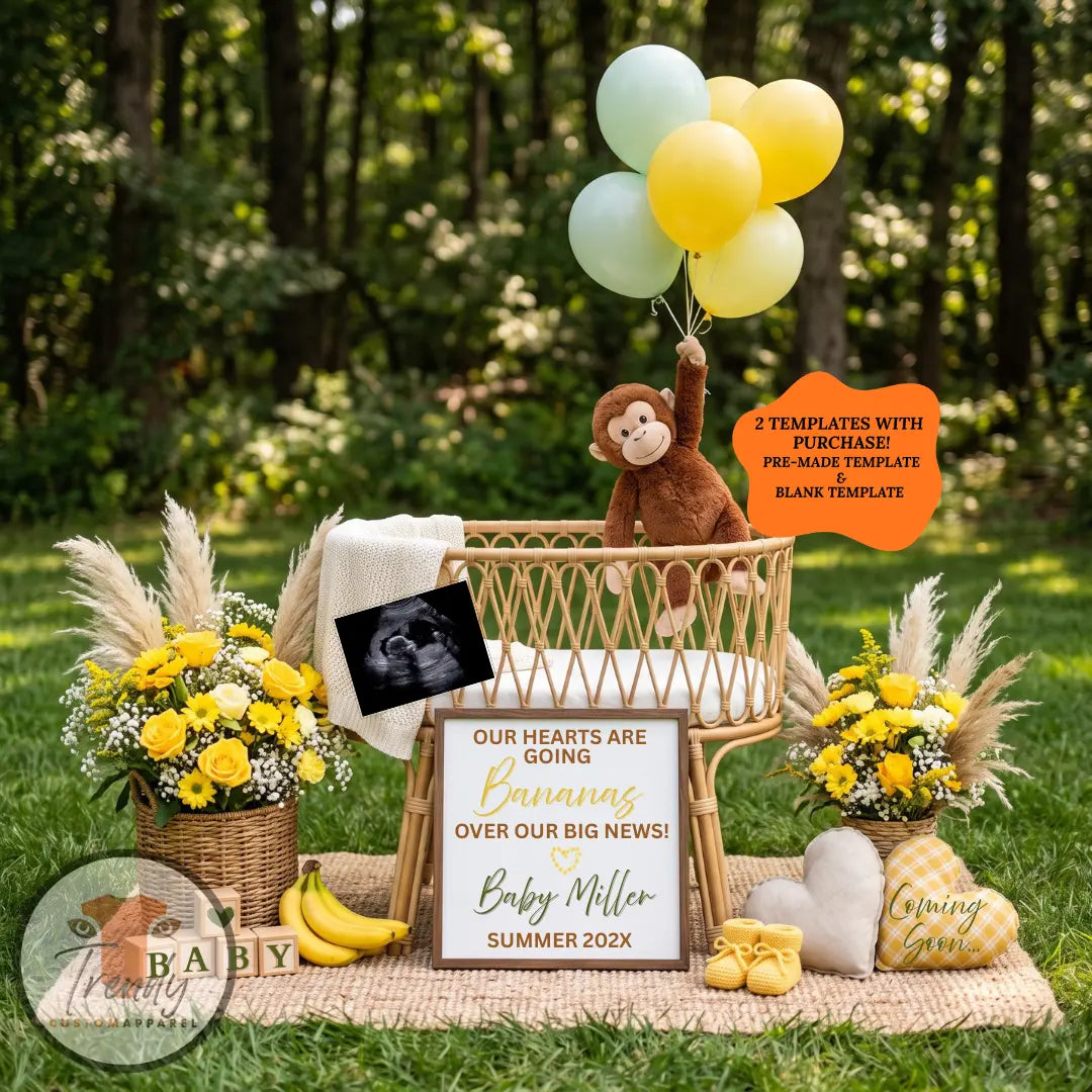 Monkey Baby Reveal Digital Editable Template, Bananas Themed Canva Template TrendyCustomApparel™