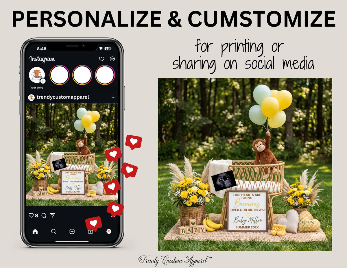 Monkey Baby Reveal Digital Editable Template, Bananas Themed Canva Template TrendyCustomApparel™