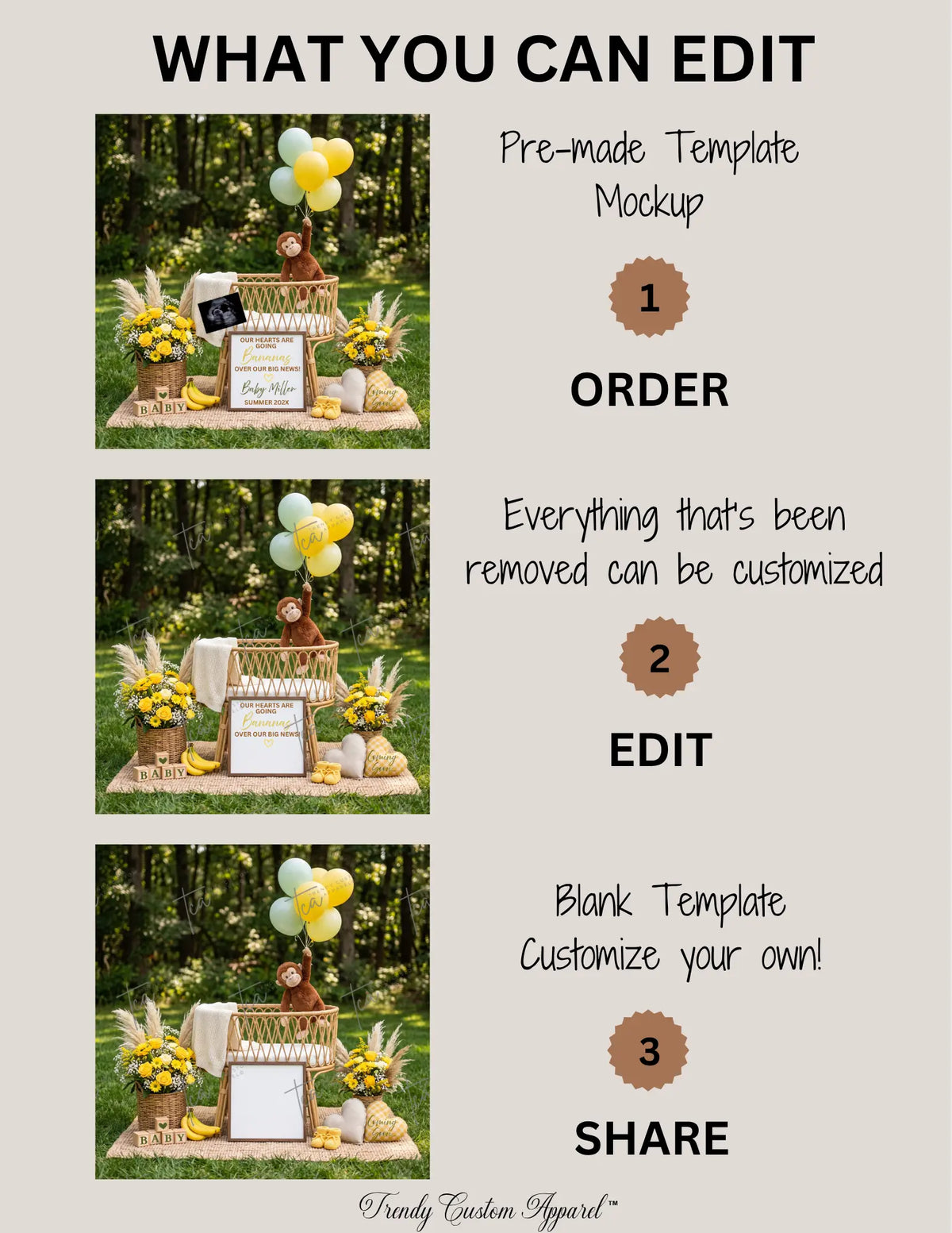 Monkey Baby Reveal Digital Editable Template, Bananas Themed Canva Template TrendyCustomApparel™