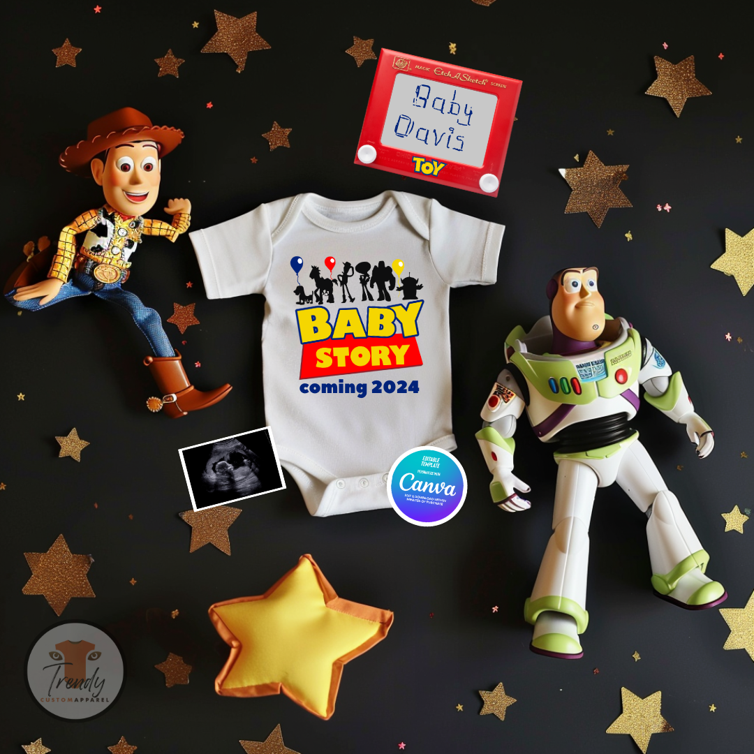 Digital Pregnancy Announcement, Baby Story, Customizable Toy Story Themed, Personalized Editable Template