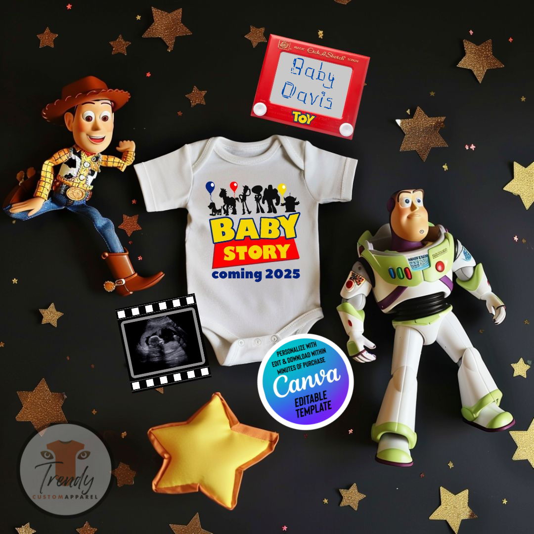 Digital Pregnancy Announcement, Baby Story, Customizable Toy Story Themed, Personalized Editable Template