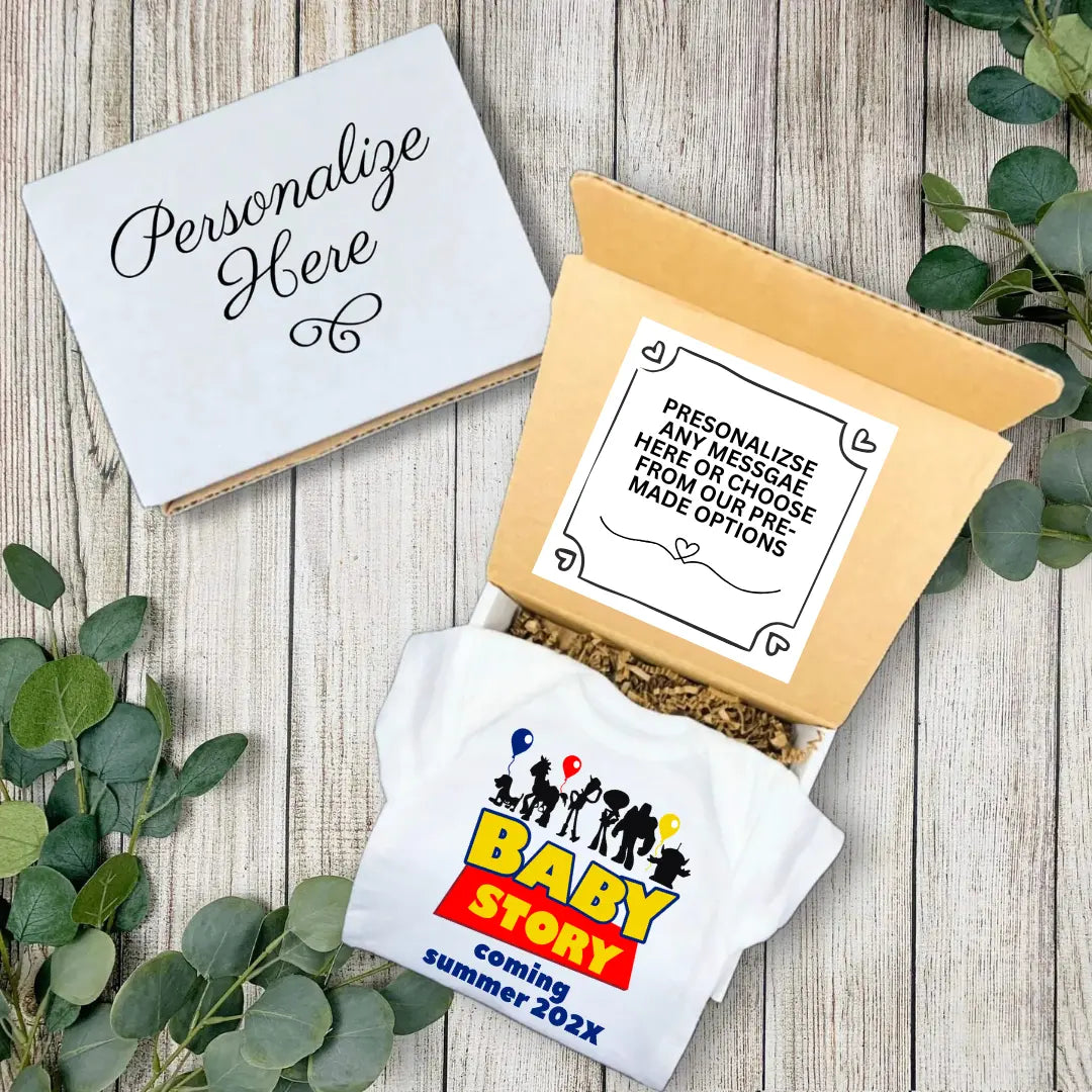 Personalized Pregnancy Announcement, Baby Story, Toy Story Inspired, Customizable Onesie TrendyCustomApparel™