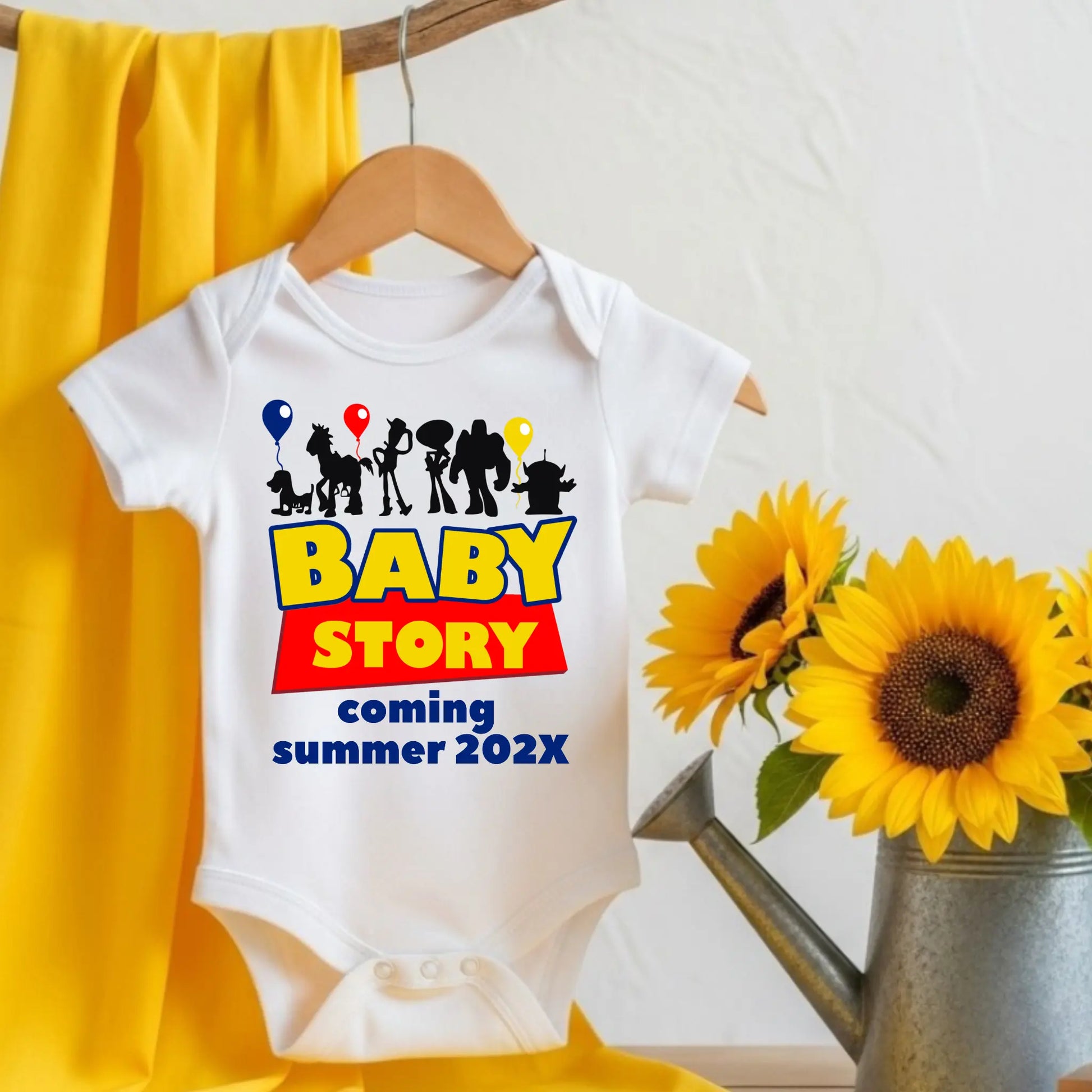 Personalized Pregnancy Announcement, Baby Story, Toy Story Inspired, Customizable Onesie TrendyCustomApparel™