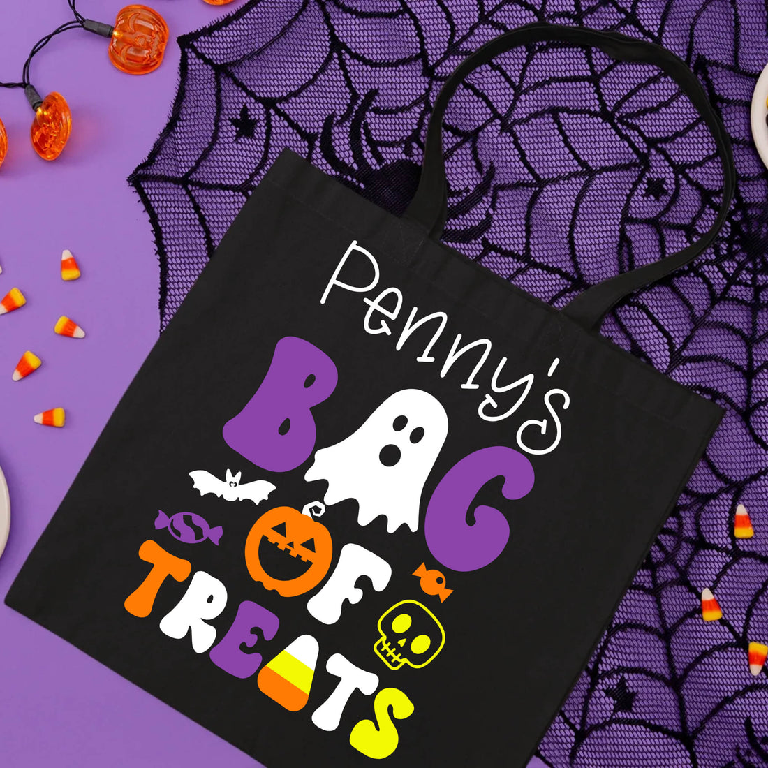 Halloween Personalized Bag of Treats Trick or Treat Candy Large Tote Bag