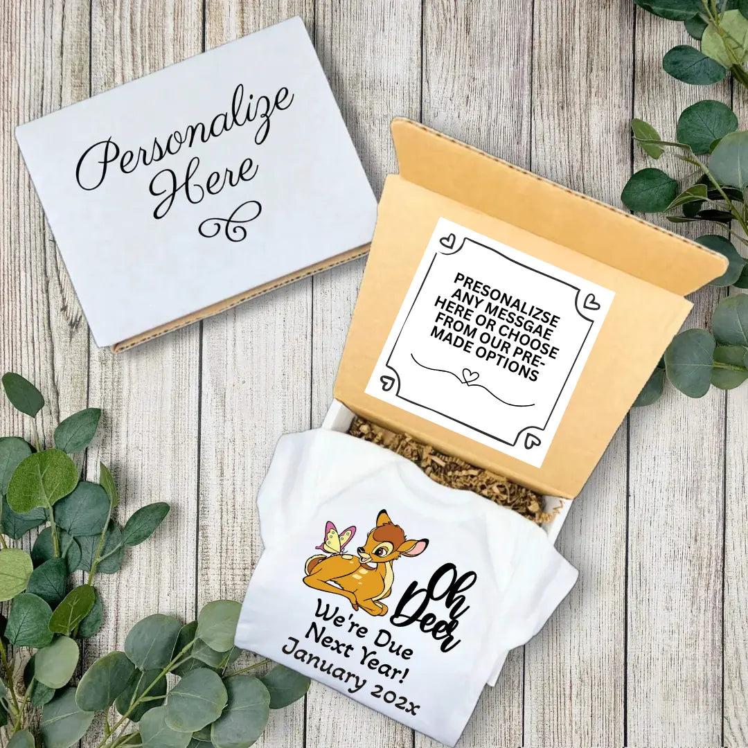 Personalized Pregnancy Announcement, Oh Deer We’re Due Next Year, Disney Bambi Inspired, Customized Baby Announcement TrendyCustomApparel™