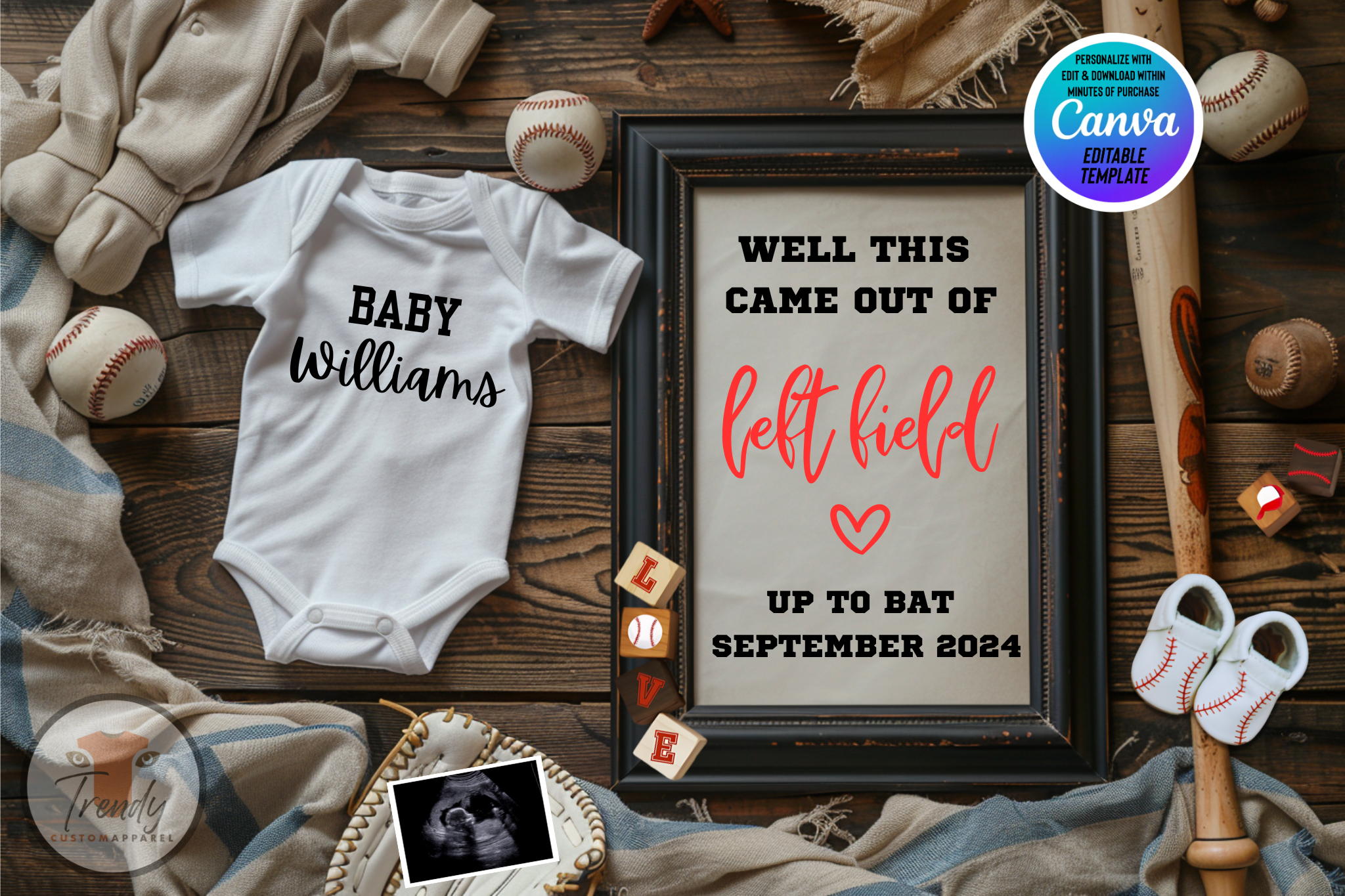 Digital Baseball Pregnancy Announcement, Well This Came Out of Left Field, Personalized Baseball Themed,  Customizable Editable Template