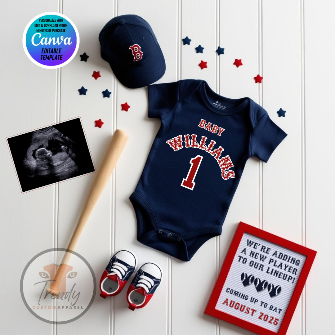 Boston Red Sox Baseball-baby announcement jersey and accessories with a personalized sign on a wooden surface, editable in Canva.