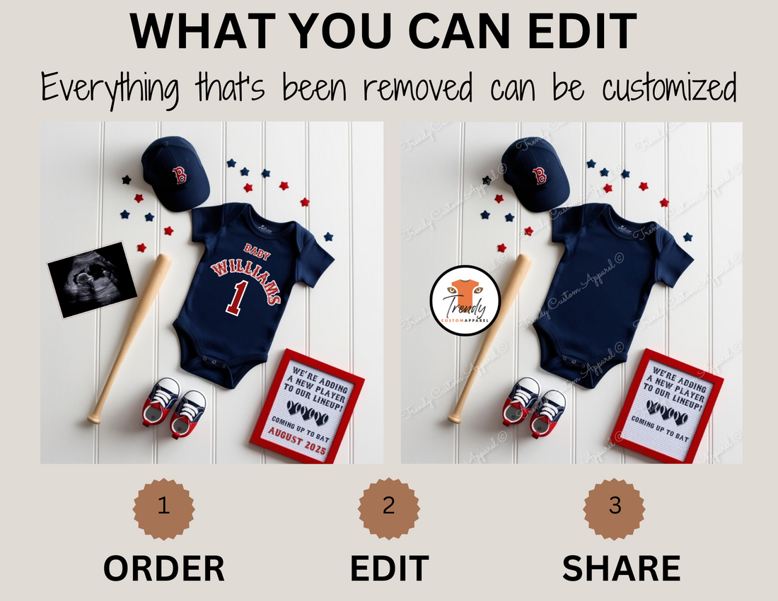Boston Red Sox Baseball-baby announcement jersey and accessories with a personalized sign on a wooden surface, editable in Canva.