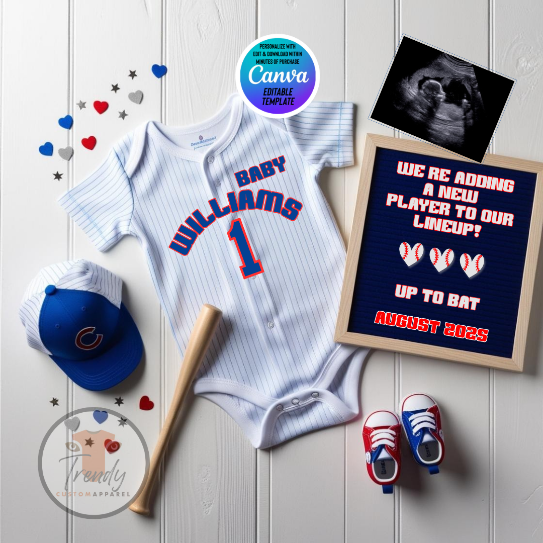 Chicago Cubs Baseball-baby announcement jersey and accessories with a personalized sign on a wooden surface, editable in Canva.