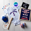 Chicago Cubs Baseball-baby announcement jersey and accessories with a personalized sign on a wooden surface, editable in Canva.