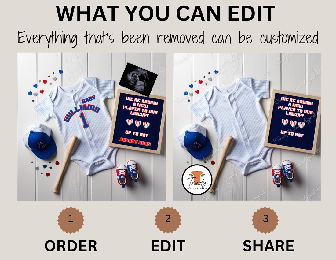 Chicago Cubs Baseball-baby announcement jersey and accessories with a personalized sign on a wooden surface, editable in Canva.