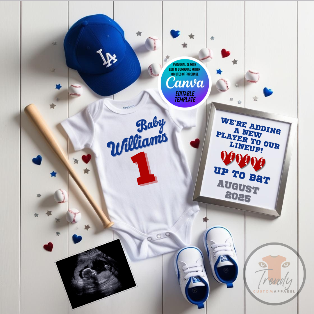Los Angeles Dodgers Baseball-baby announcement jersey and accessories with a personalized sign on a wooden surface, editable in Canva.