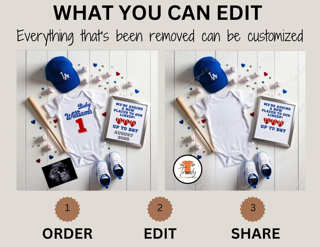 Los Angeles Dodgers Baseball-baby announcement jersey and accessories with a personalized sign on a wooden surface, editable in Canva.