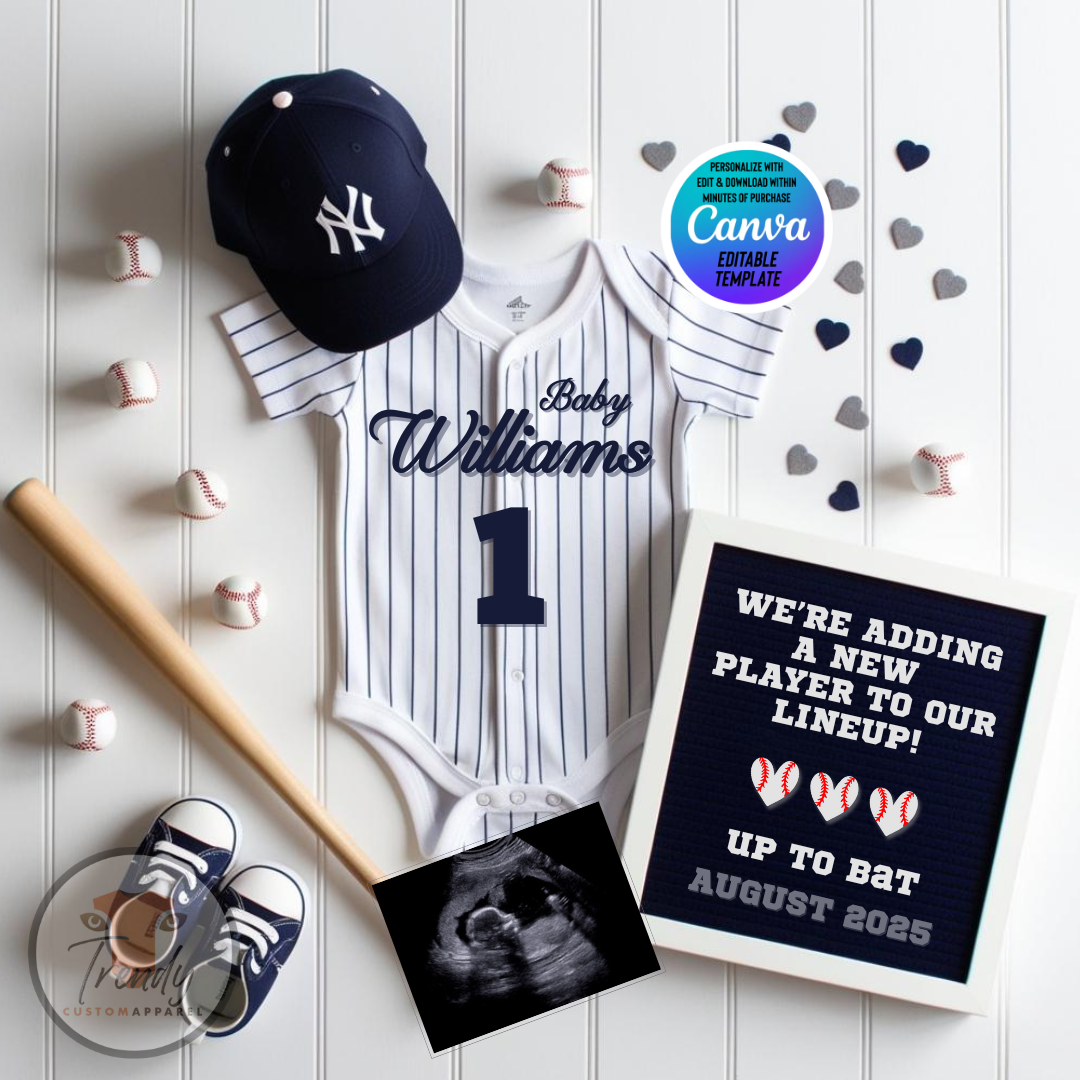 Baseball-themed baby announcement New York Yankees with jersey, cap, and bat on a wooden background