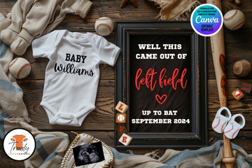 Digital Baseball Pregnancy Announcement, Well This Came Out of Left Field, Customizable Baseball Themed, Personalized Editable Template