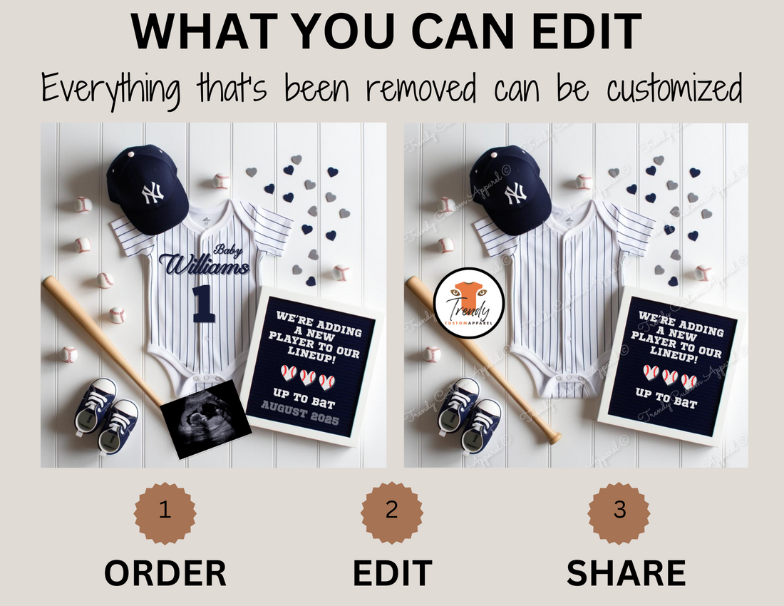 Baseball-themed baby announcement New York Yankees with jersey, cap, and bat on a wooden background
