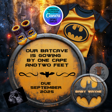 Digital Batman Pregnancy Announcement, Customizable Superhero Themed, Personalized Editable Template