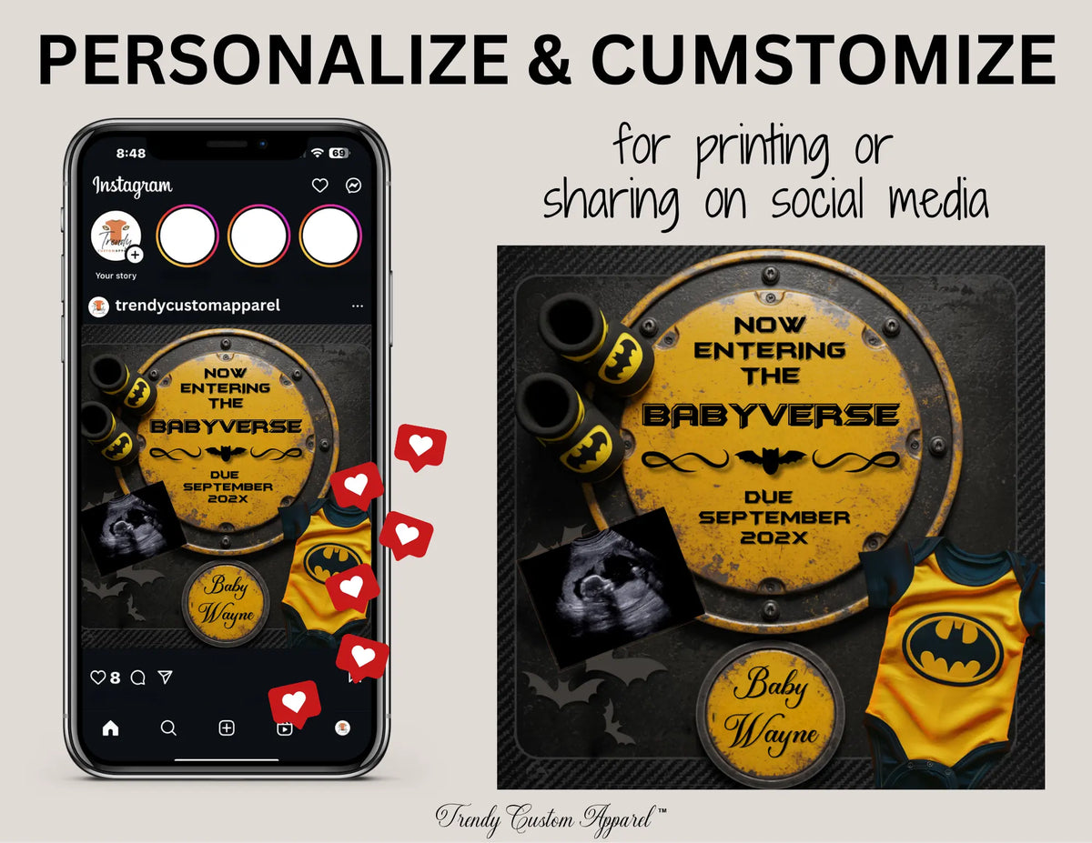Batman Superhero Baby Reveal Digital Editable Template, Canva Instant Download, Gender Neutral Social Media Pregnancy Announcement TrendyCustomApparel™