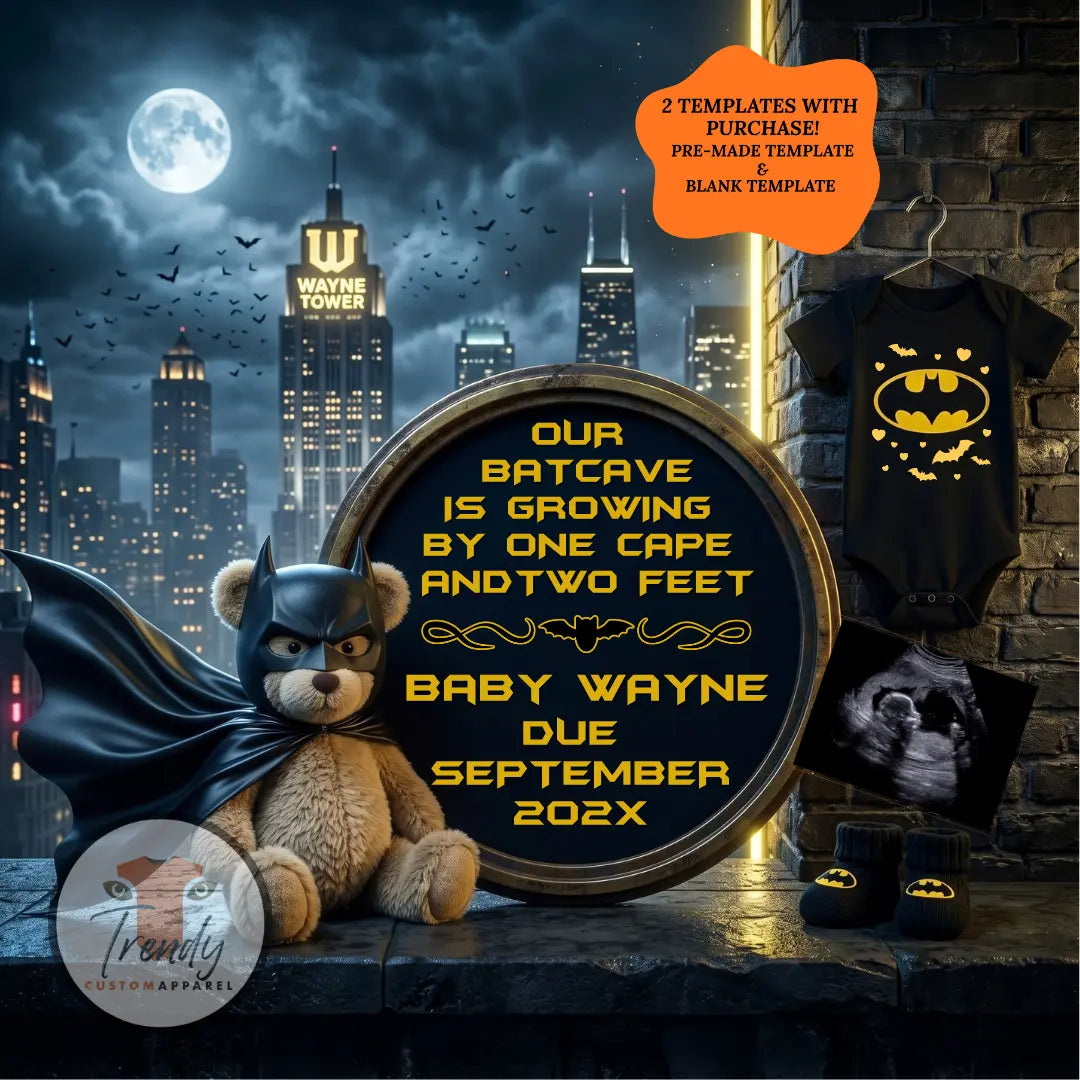 Batman Gotham City Baby Reveal Template, Editable Canva Gender Neutral Social Media Pregnancy Announcement TrendyCustomApparel™