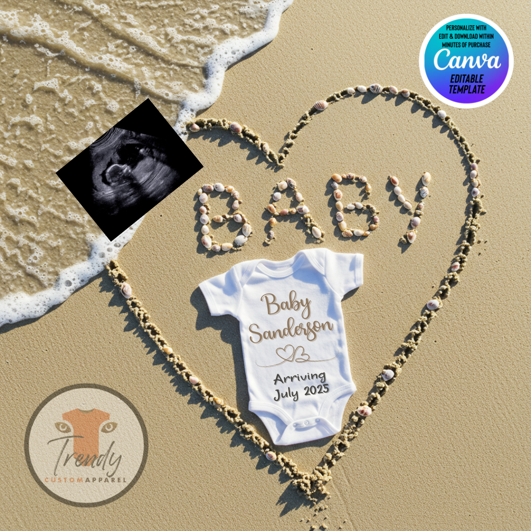 Digital Sea Shell Pregnancy Announcement, Baby Surname, Customizable Beach Themed, Personalized Editable Template