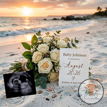 Simple Modern Beach, Digital Pregnancy Announcement, Gender Neutral Customizable Summer Themed, Canva Instant Download Editable Template TrendyCustomApparel™