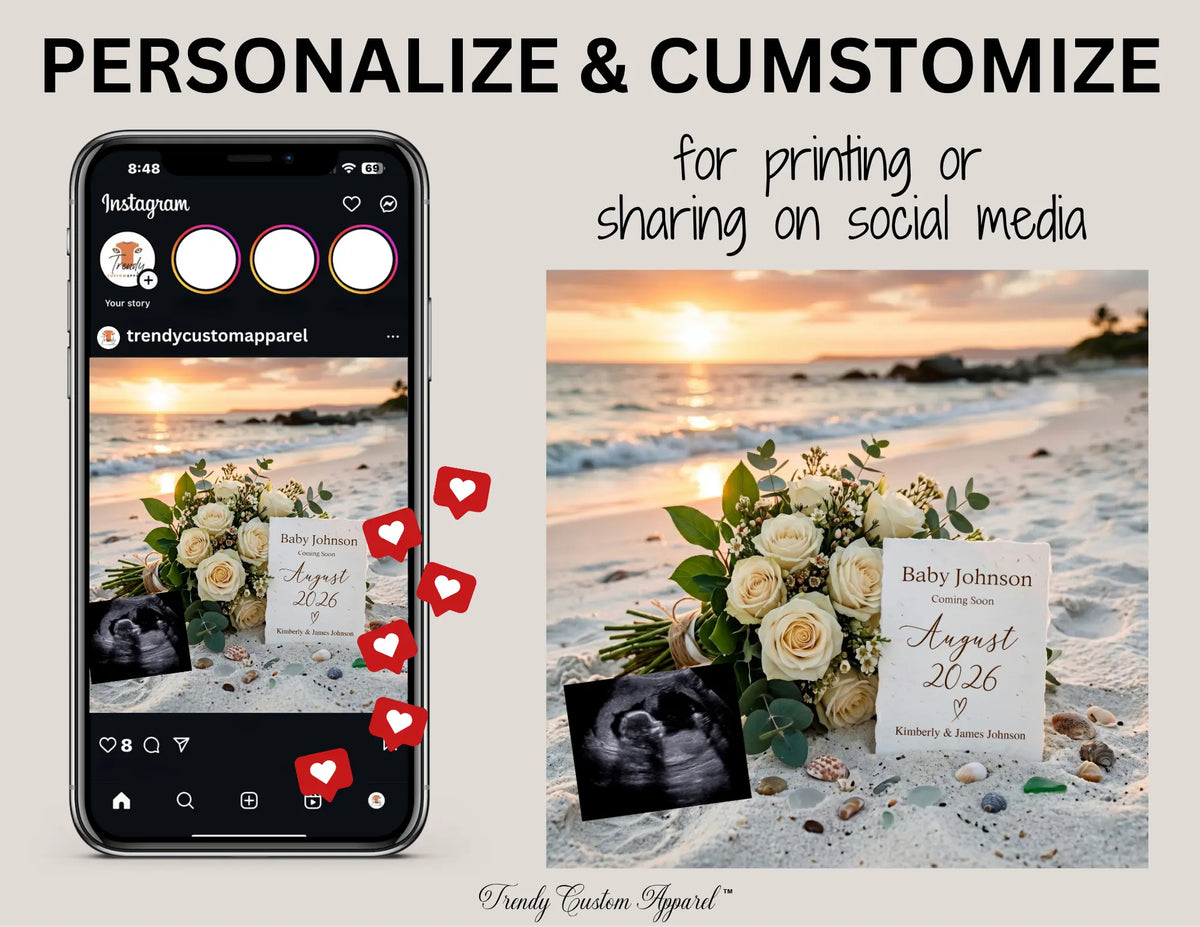 Simple Modern Beach, Digital Pregnancy Announcement, Gender Neutral Customizable Summer Themed, Canva Instant Download Editable Template TrendyCustomApparel™