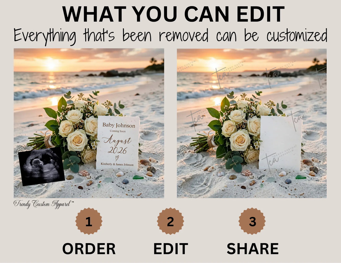 Simple Modern Beach, Digital Pregnancy Announcement, Gender Neutral Customizable Summer Themed, Canva Instant Download Editable Template TrendyCustomApparel™