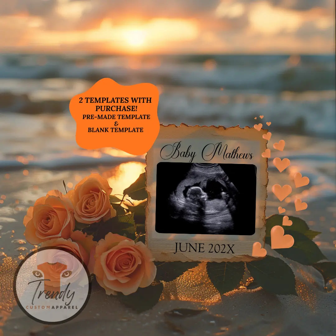 Elegant Beach Sunset Baby Reveal Digital Editable Template, Summer Canva Instant Download TrendyCustomApparel™