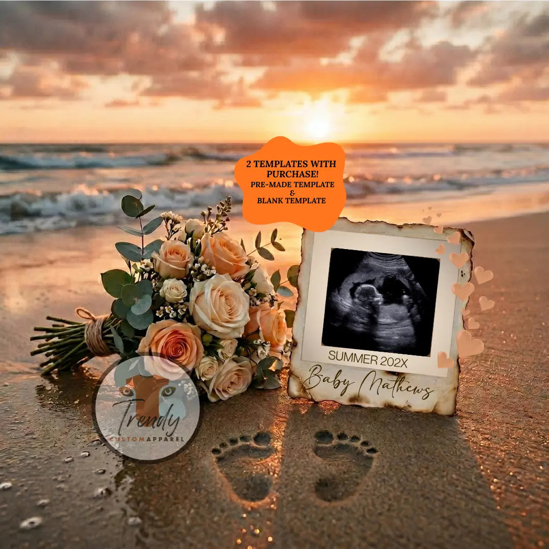 Sunset Beach Baby Reveal Digital Editable Template, Gender Neutral Summer Canva Instant Download TrendyCustomApparel™