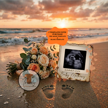 Sunset Beach Baby Reveal Digital Editable Template, Gender Neutral Summer Canva Instant Download