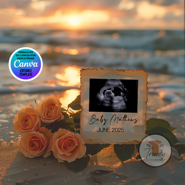 Digital Pregnancy Announcement, Sunset Beach, Gender Neutral, Customizable Spring Summer Themed, Personalized Editable Template