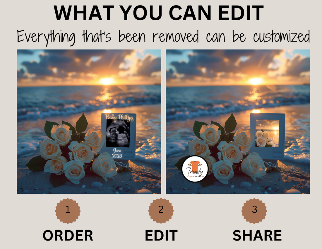 Digital Pregnancy Announcement, Beach Sunset, Gender Neutral, Customizable Spring Summer Themed, Personalized Editable Template