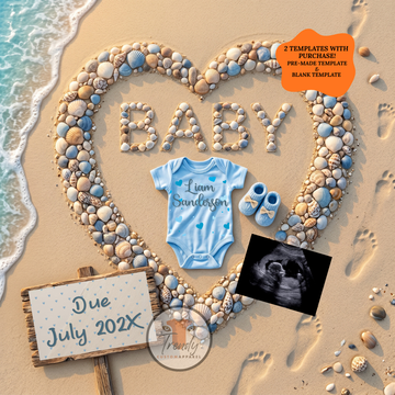 Baby [Surname] Ocean Beach Pregnancy Announcement | Editable Canva Template | Instant Download