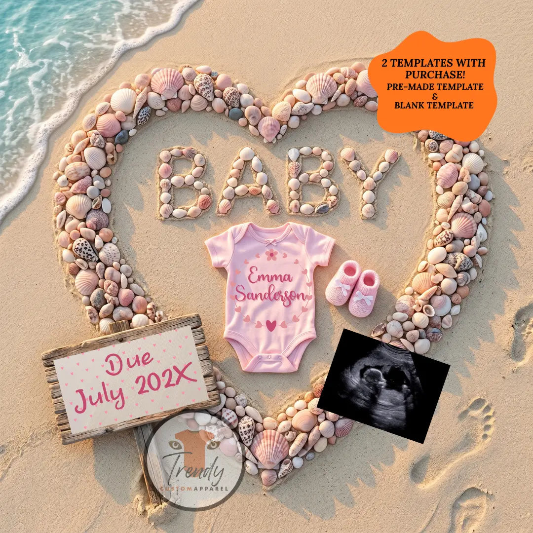 Beach Seashell Pregnancy Announcement Template | Baby Girl Digital Canva Download Gender Reveal TrendyCustomApparel™
