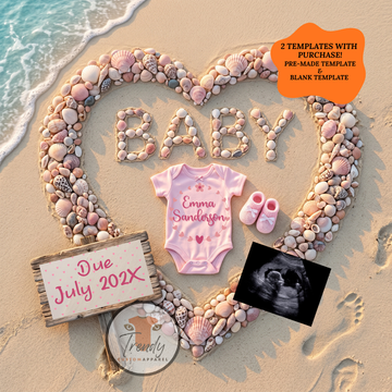 Beach Seashell Pregnancy Announcement Template | Baby Girl Digital Canva Download Gender Reveal