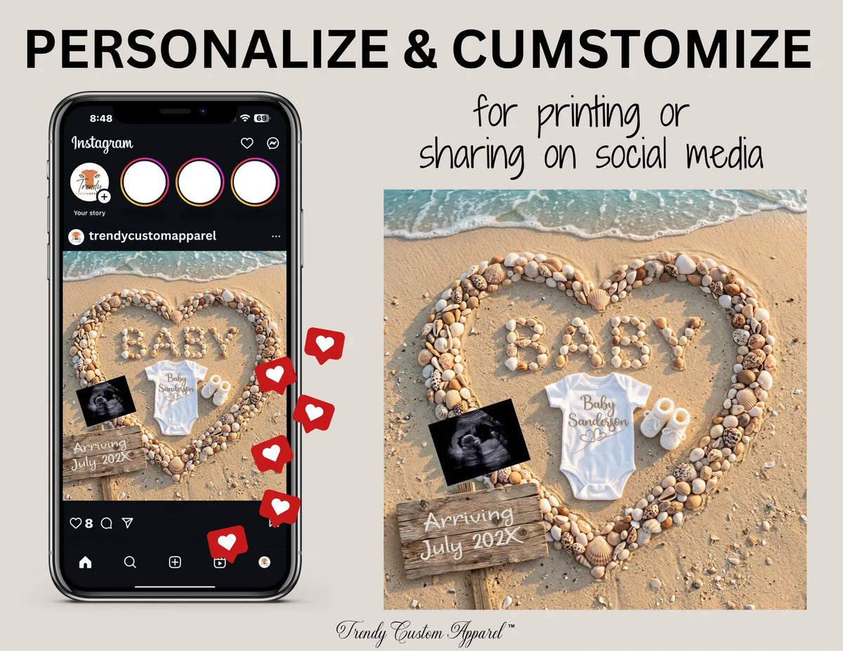 Beach Baby Reveal Digital Editable Template, Sand & Seashells Themed Canva Template TrendyCustomApparel™