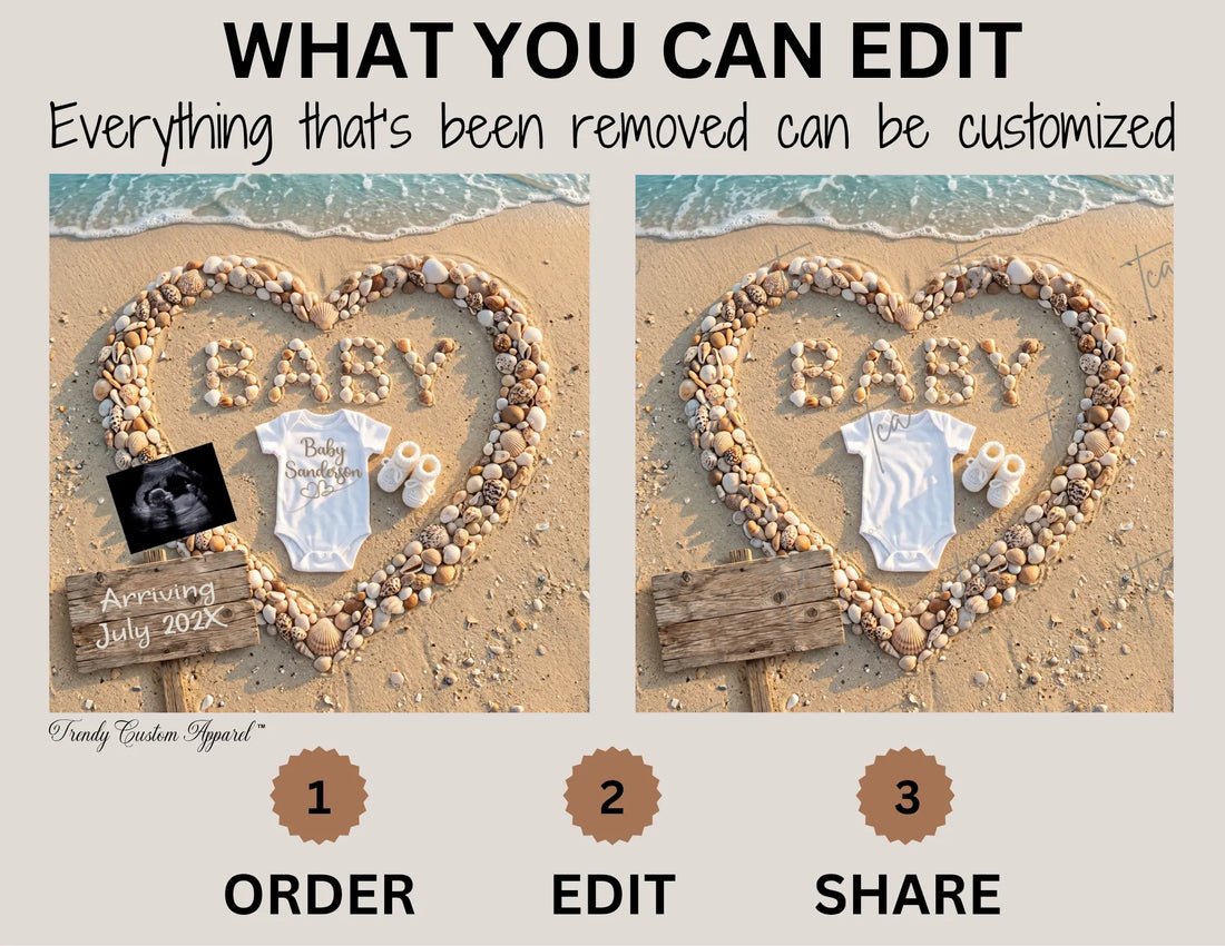 Beach Baby Reveal Digital Editable Template, Sand & Seashells Themed Canva Template TrendyCustomApparel™