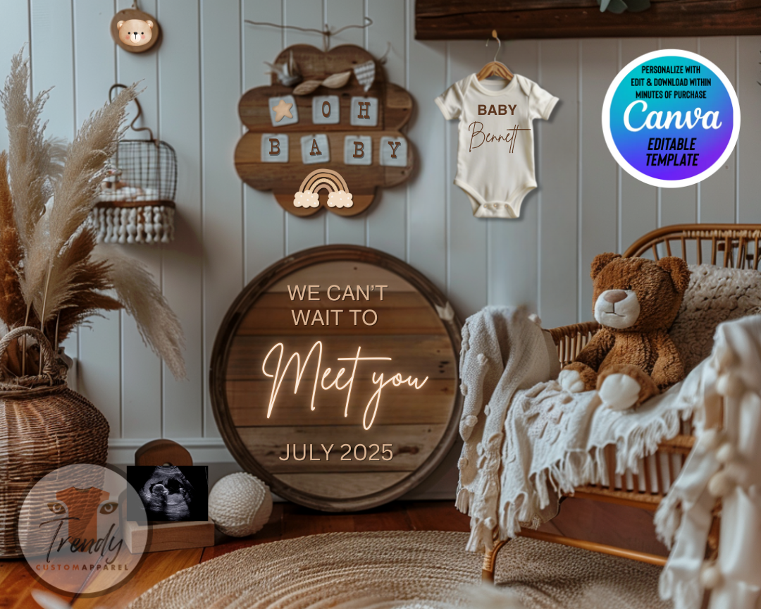 Digital Pregnancy Announcement, We Can't Wait to Meet You, Customizable Boho Themed, Personalized Editable Template