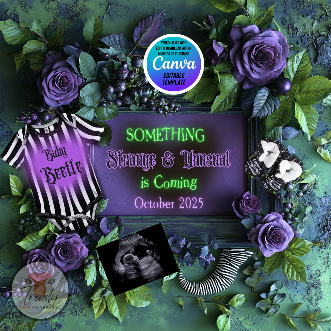 Digital Spooky Pregnancy Announcement, Something Strange & Unusual, Customizable Beetlejuice Themed, Personalized Editable Template