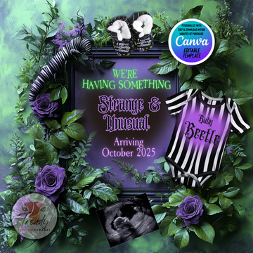 Digital Spooky Pregnancy Announcement, Strange & Unusual, Customizable Beetlejuice Themed, Personalized Editable Template