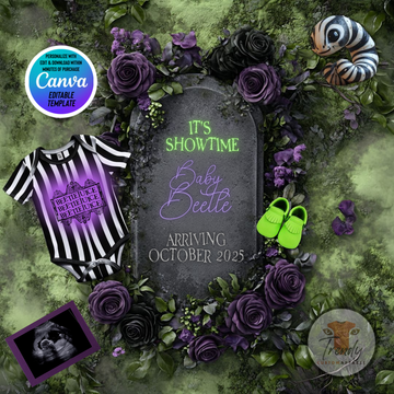 Digital Spooky Pregnancy Announcement, It's Showtime, Customizable Beetlejuice Themed, Personalized Editable Template