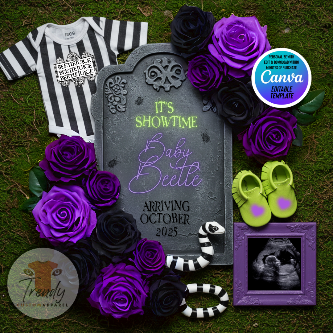Digital Spooky Pregnancy Announcement, It's Showtime, Customizable Beetlejuice Themed, Personalized Editable Template